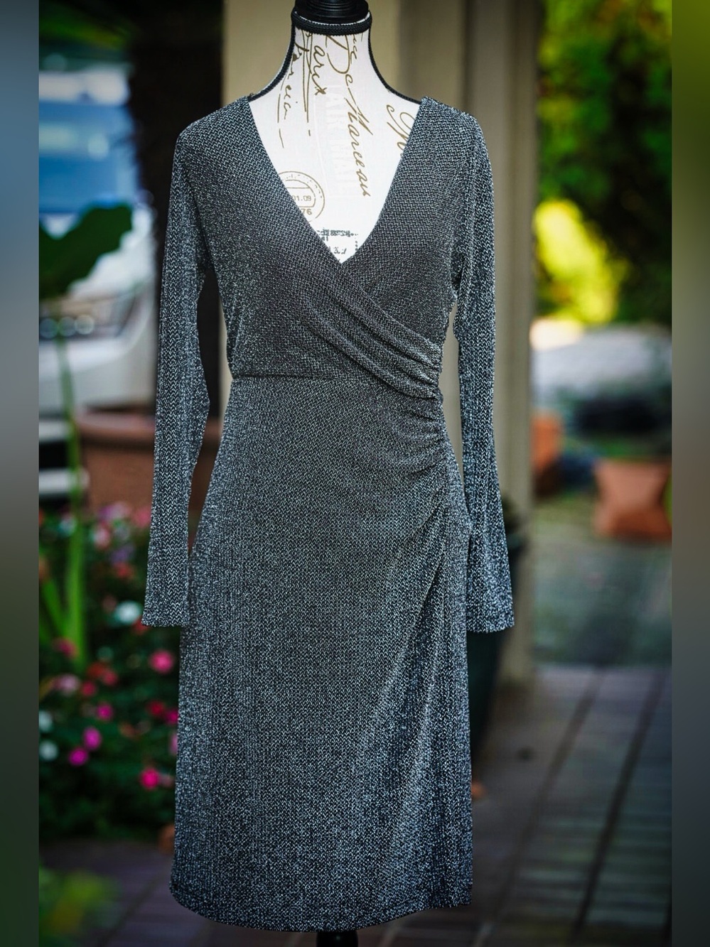Calvin Klein Metallic Shimmer Long Sleeve Faux Wrap Dress M/L